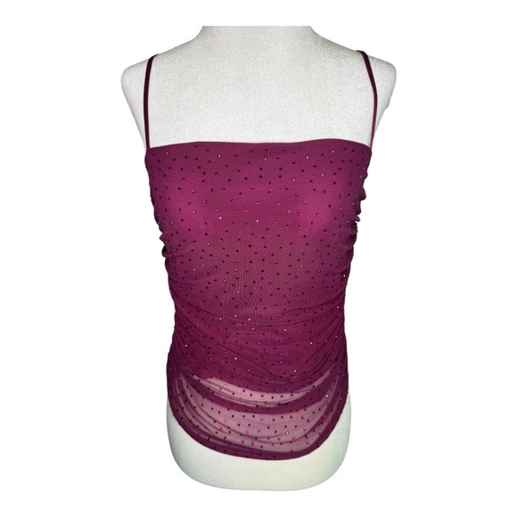 NEW AFRM Ruched Mesh Top Rhinestone Cami Party Tank‎ Top Burgundy Large NWT - Picture 1 of 7